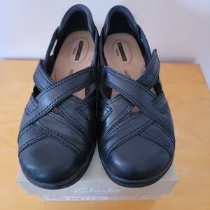 Clarks Black Leather Strappy Wedge